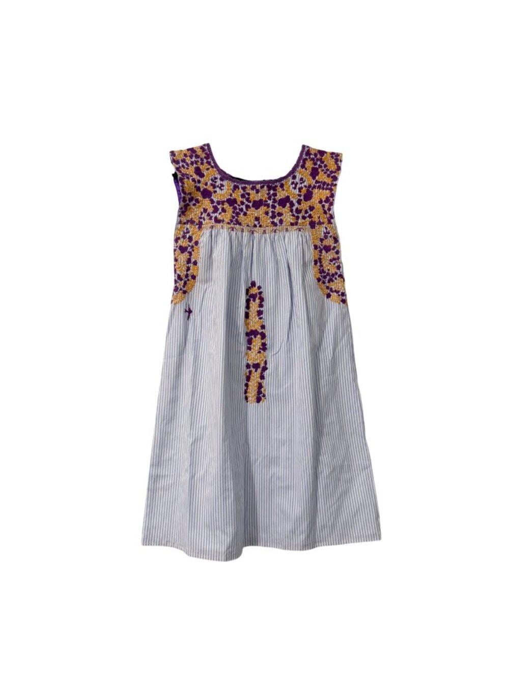 Mi Golondrina Blue Striped Purple Mustard Embroidered Oaxaca Sleeveless Dress XS
